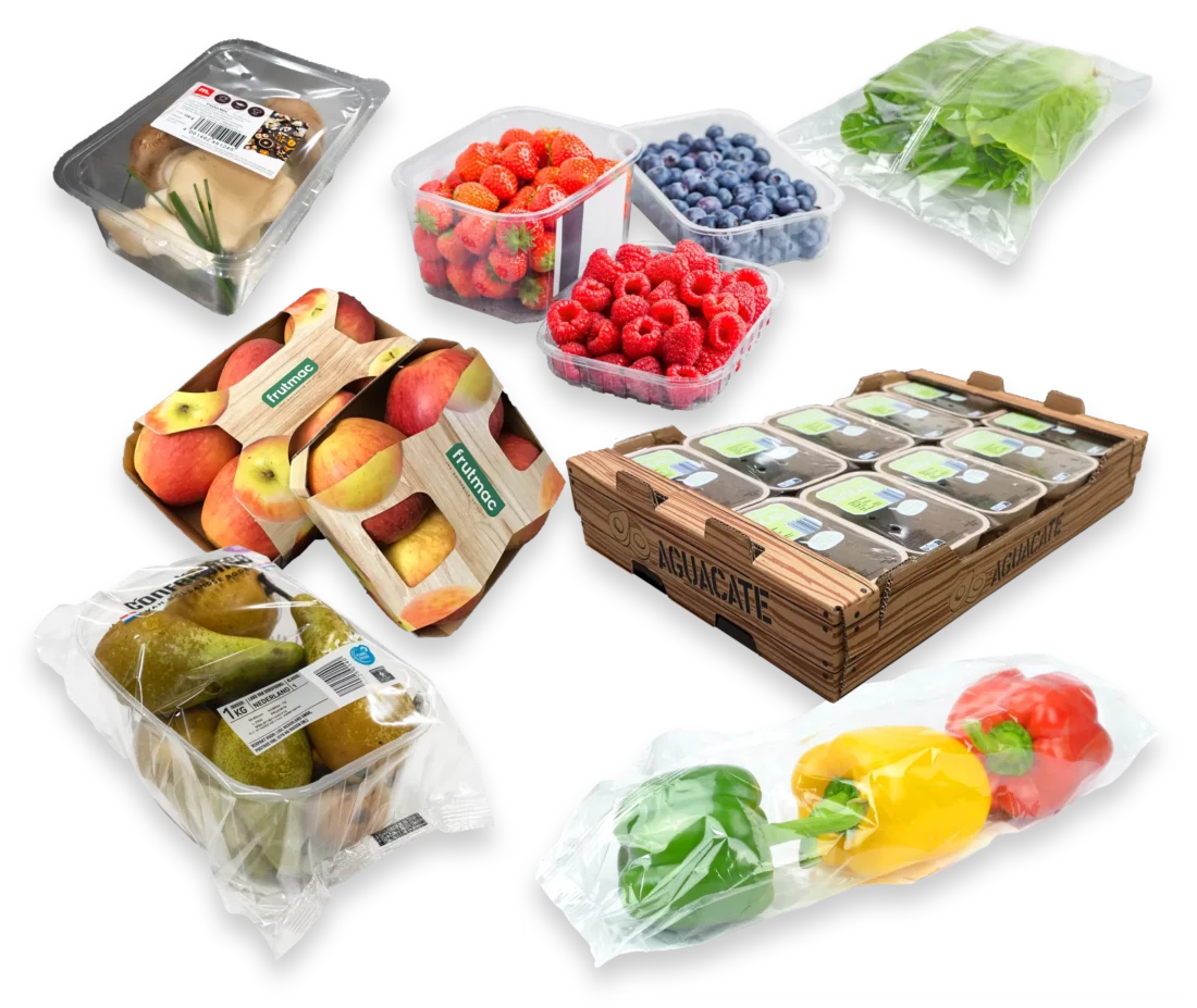 Groenten en fruit in diverse verpakkingen AGF sector topseal flowpack casepacken kartonsluiten