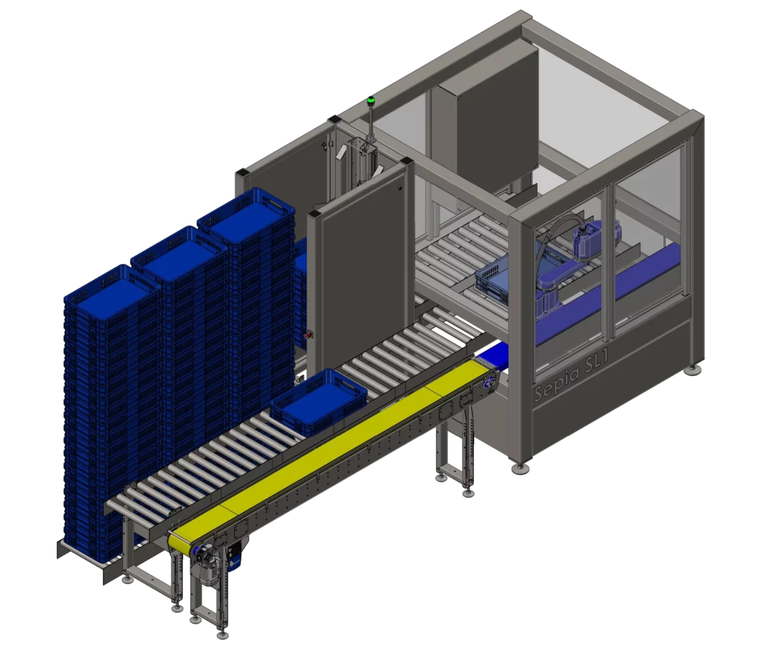 Casepacken inpaklijn robotarm kratten Sepia SL1