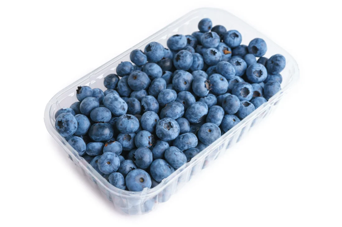 Verse blauwe bessen in transparantie topseal schaal